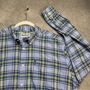 Barbour Men's Blue Green‎ Tartan Plaid Button Down Shirt Large Tailored Fit